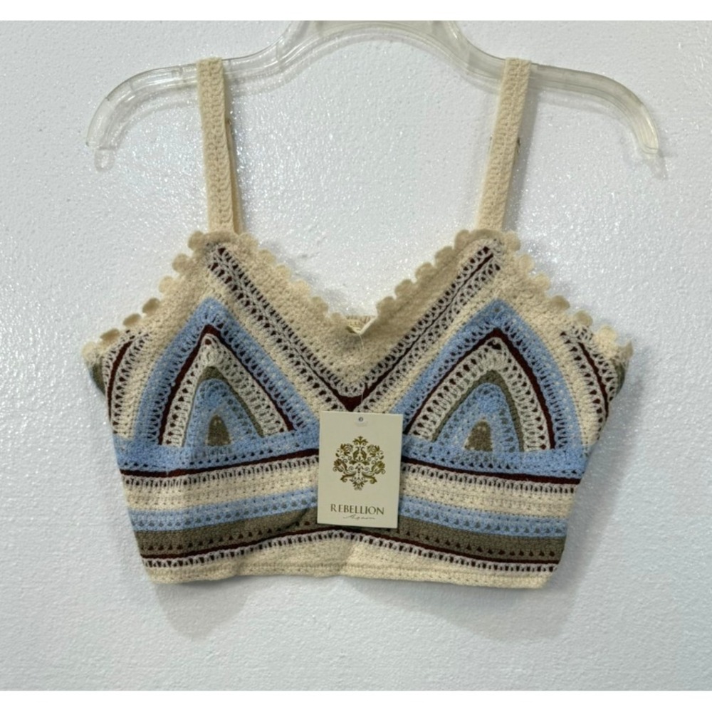 NWT Rebellion Again Sz Large Crochet Crop Boho Tank Top Lined Adjustable Straps‎